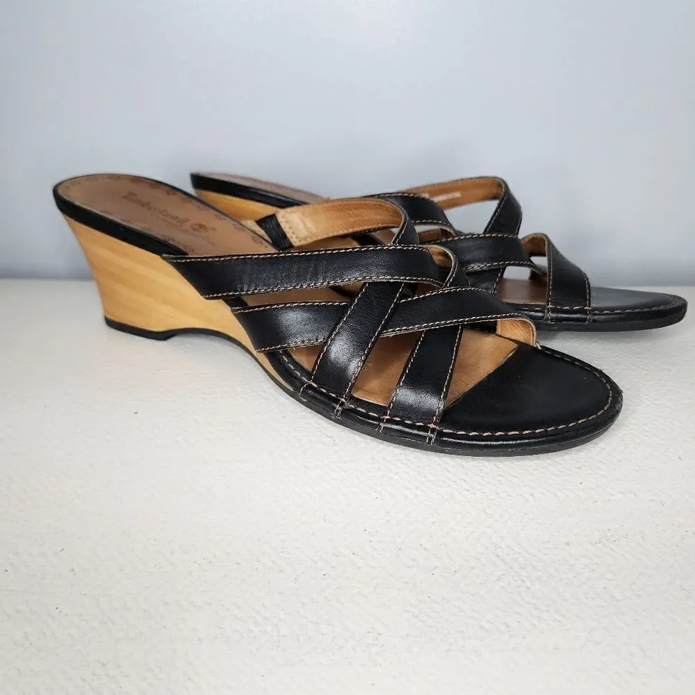 Timberland womens shoes 8.5 wedge heels black leather strappy slides